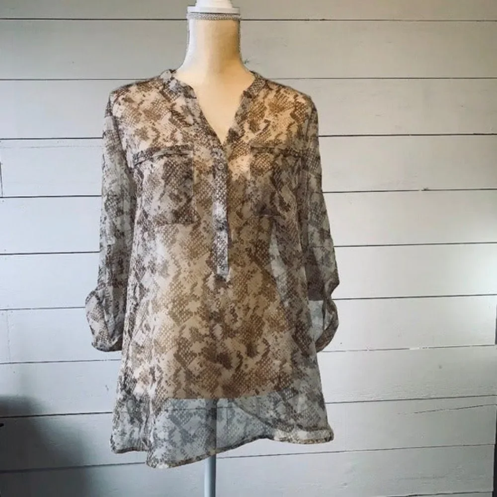 APT 9 Snake Skin Sheer Blouse Women’s Large Brown Animal Print Lightweight Top